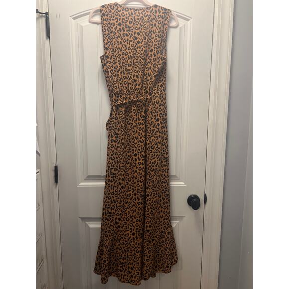Leopard Print Women’s Sleeveless V-Neck‎ Tie Waist Wrap Maxi Dress Size XL Brown - Picture 5 of 5